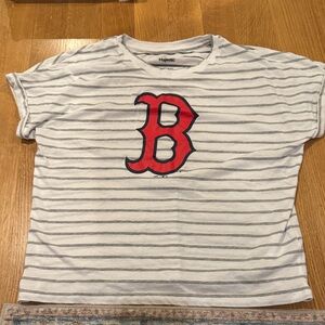 New Majestic women’s striped White Red Boston red socks Logo T-Shirt